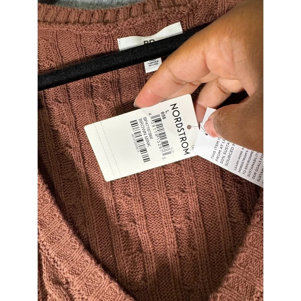 BP Nordstrom Womens large Cable Knit V-Neck‎ Sweater Brown Mink academia preppy